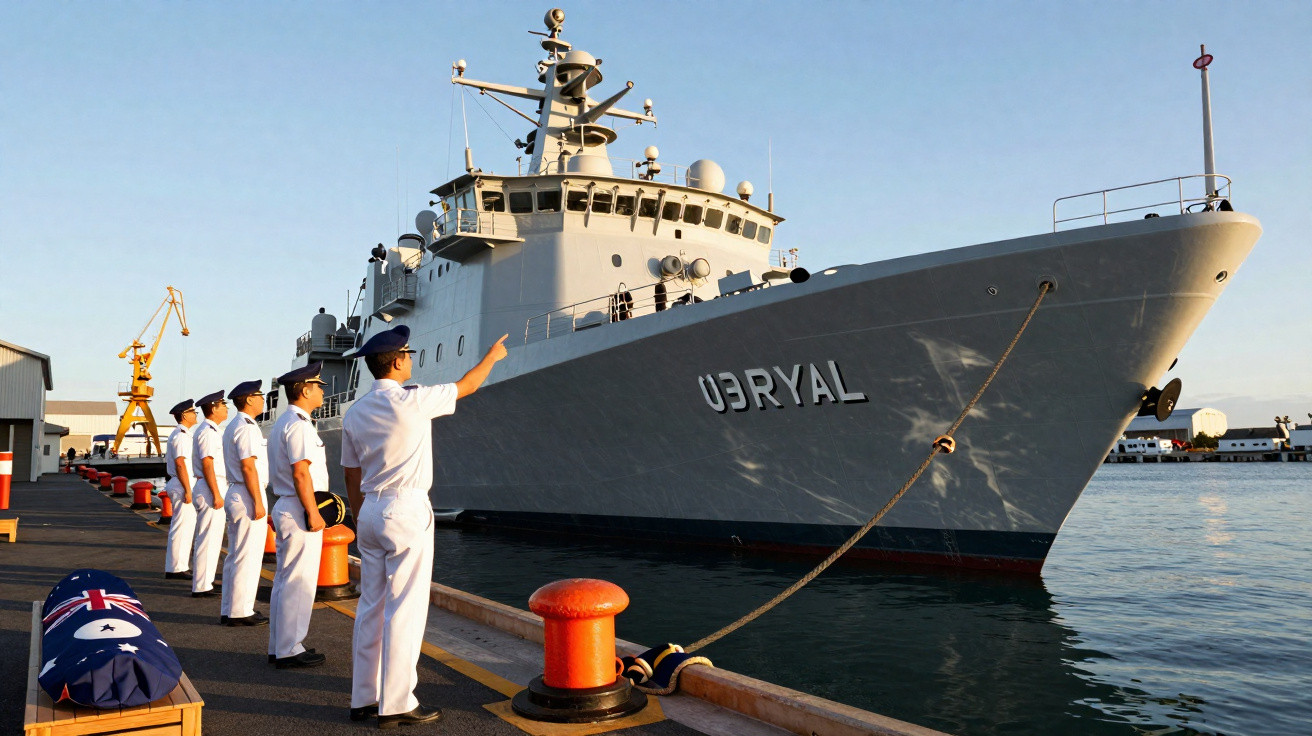 Marinheiros em formação na doca apontam para navio militar acoplado com nome UBRYAL ao entardecer.
