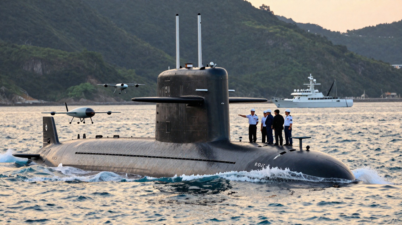 Submarino negro com quatro militares a bordo e drones voando, perto da costa montanhosa ao pôr do sol.