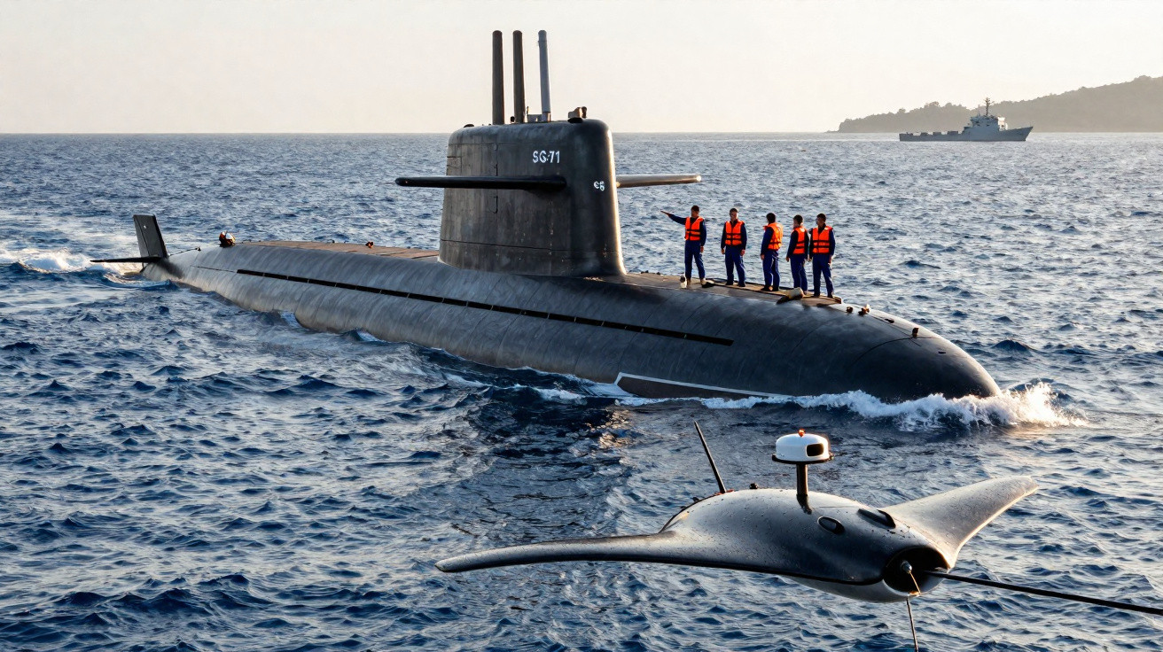 Submarino militar com tripulação em coletes salva-vidas e robô marinho em mar calmo ao pôr do sol.
