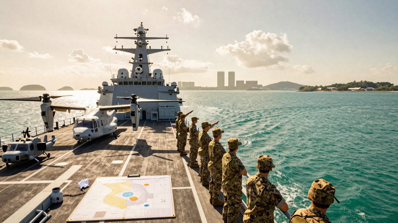 Soldados alinhados na borda de um navio militar com dois helicópteros e cidade ao fundo, mar calmo e céu nublado.