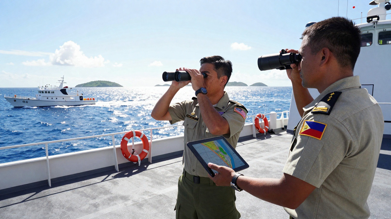 Dois homens em uniforme naval usam binóculos no convés de um navio, com um barco ao longe no mar.