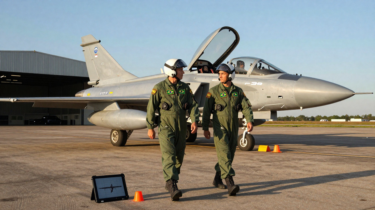 Dois pilotos militares brasileiros em fato verde caminham perto de um caça estacionado num aeroporto.