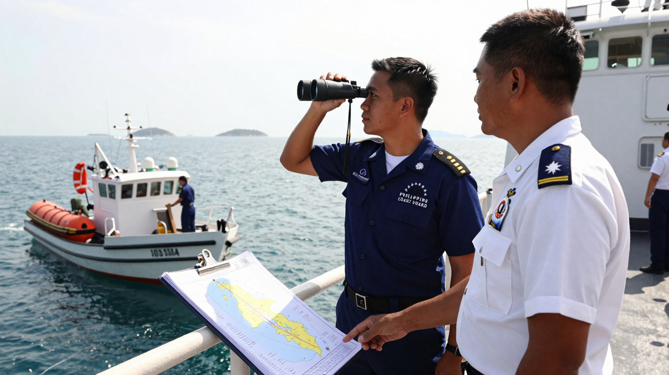 Dois oficiais navais a bordo de um navio, um a usar binóculos e outro a apontar para um mapa náutico.
