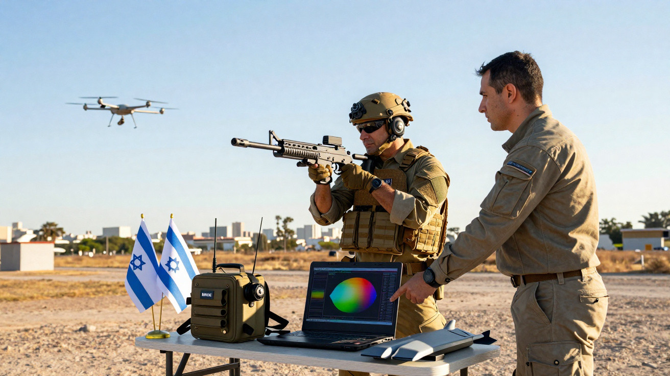 Soldado equipado com arma mira drone enquanto outro opera laptop num ambiente ao ar livre, com duas bandeiras de Israel na me