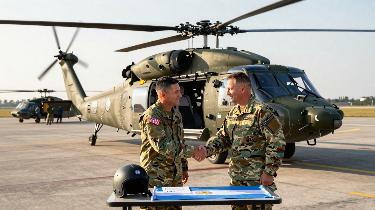 Dois soldados apertam as mãos em frente a um helicóptero militar num campo de aviação.