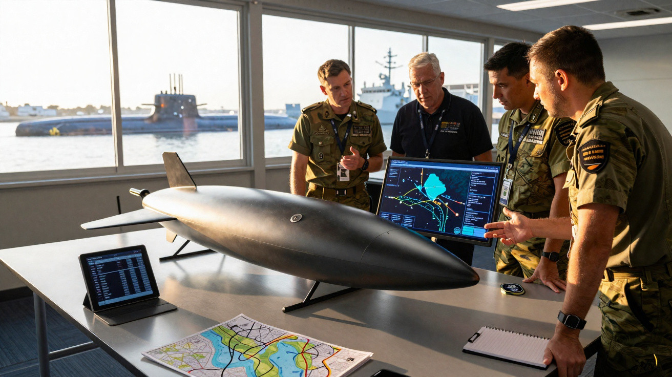 Quatro militares analisam maquete de torpedo numa sala com mapas e ecrãs, com submarino e navio ao fundo.