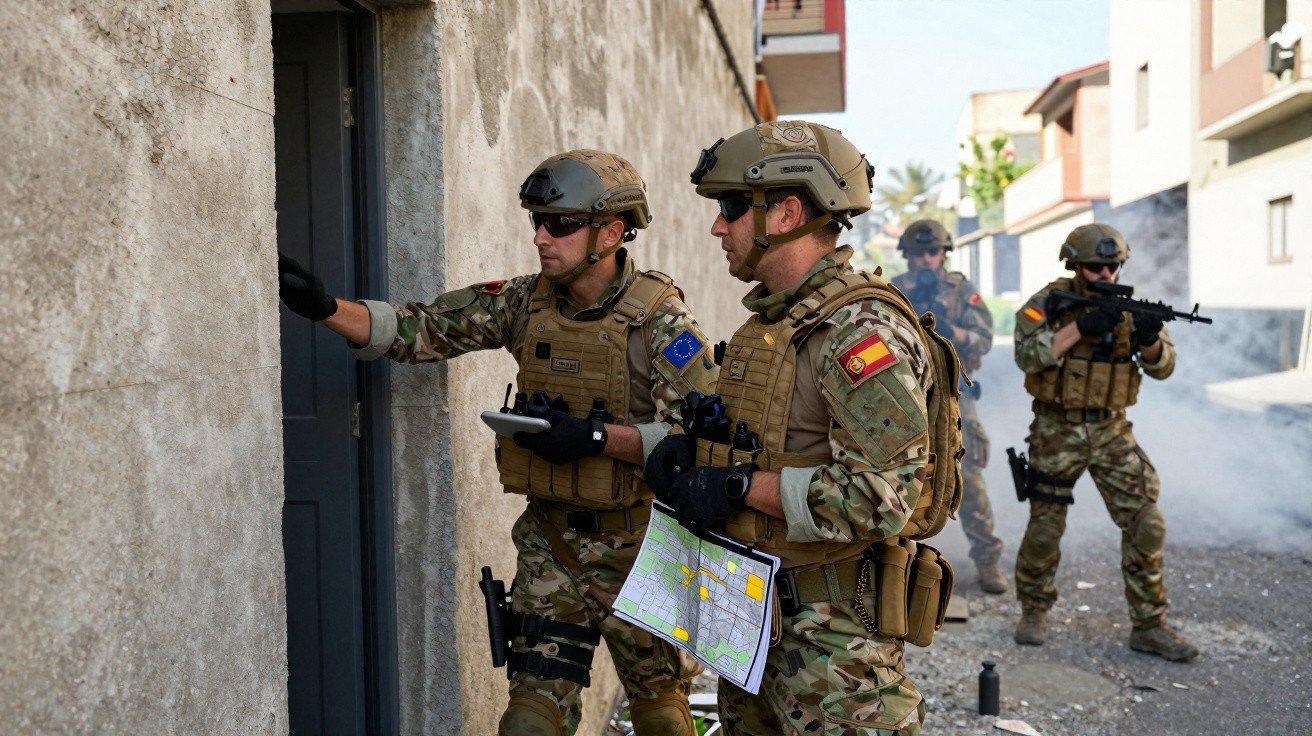 Soldados em uniforme táctico simulam operação urbana em rua estreita com armas e mapa na mão.
