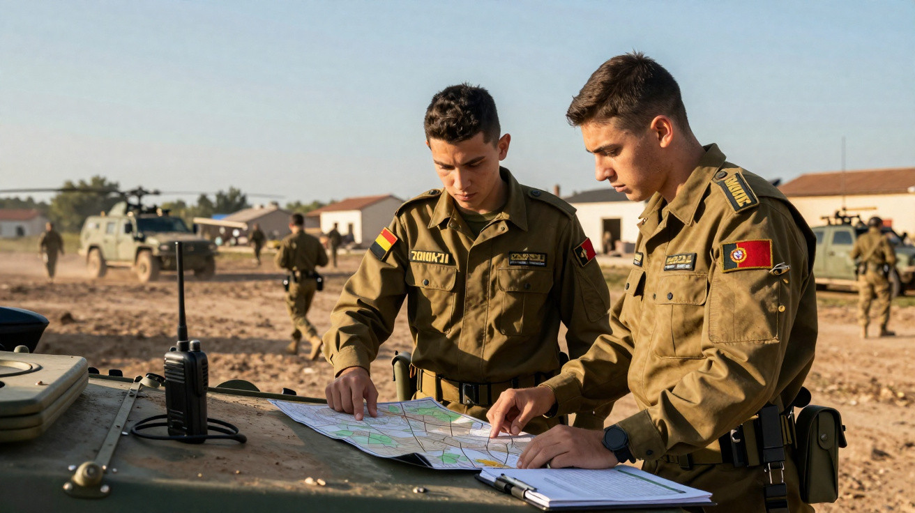 Dois militares portugueses em uniforme analisam mapas sobre um veículo militar durante treino ao ar livre.