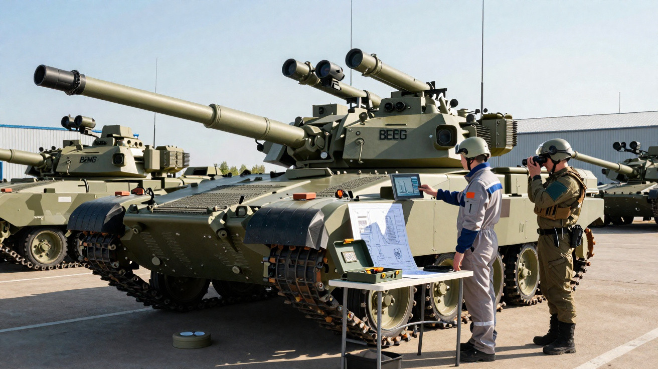 Tanques militares verdes estacionados, com dois homens fardados a operar equipamentos junto a uma mesa.
