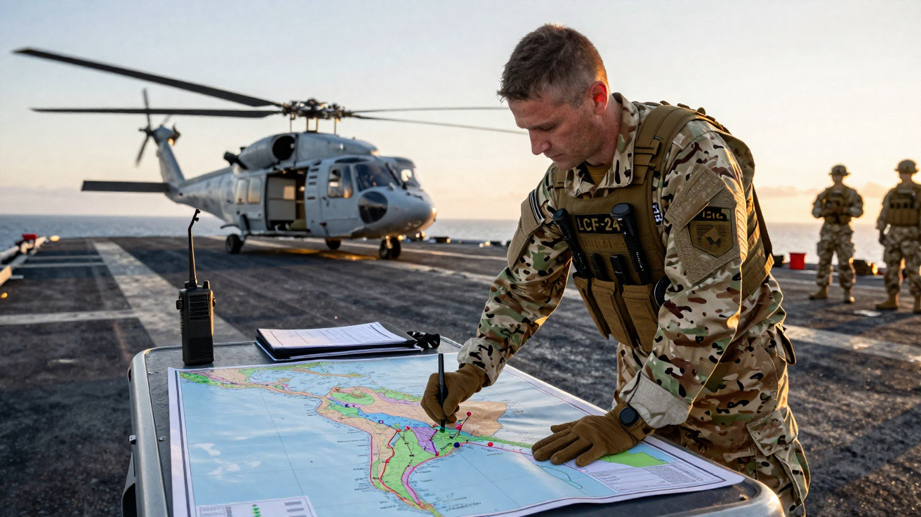 Militar em uniforme camuflado a marcar uma carta marítima num convés com helicóptero e outros soldados ao fundo.