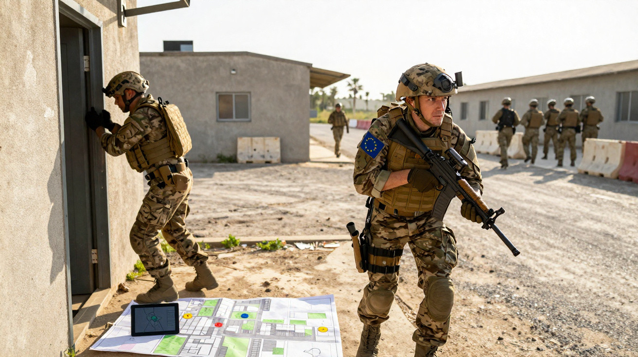 Soldados em uniforme tático numa operação militar simulada numa área com edifícios e mapas no chão.