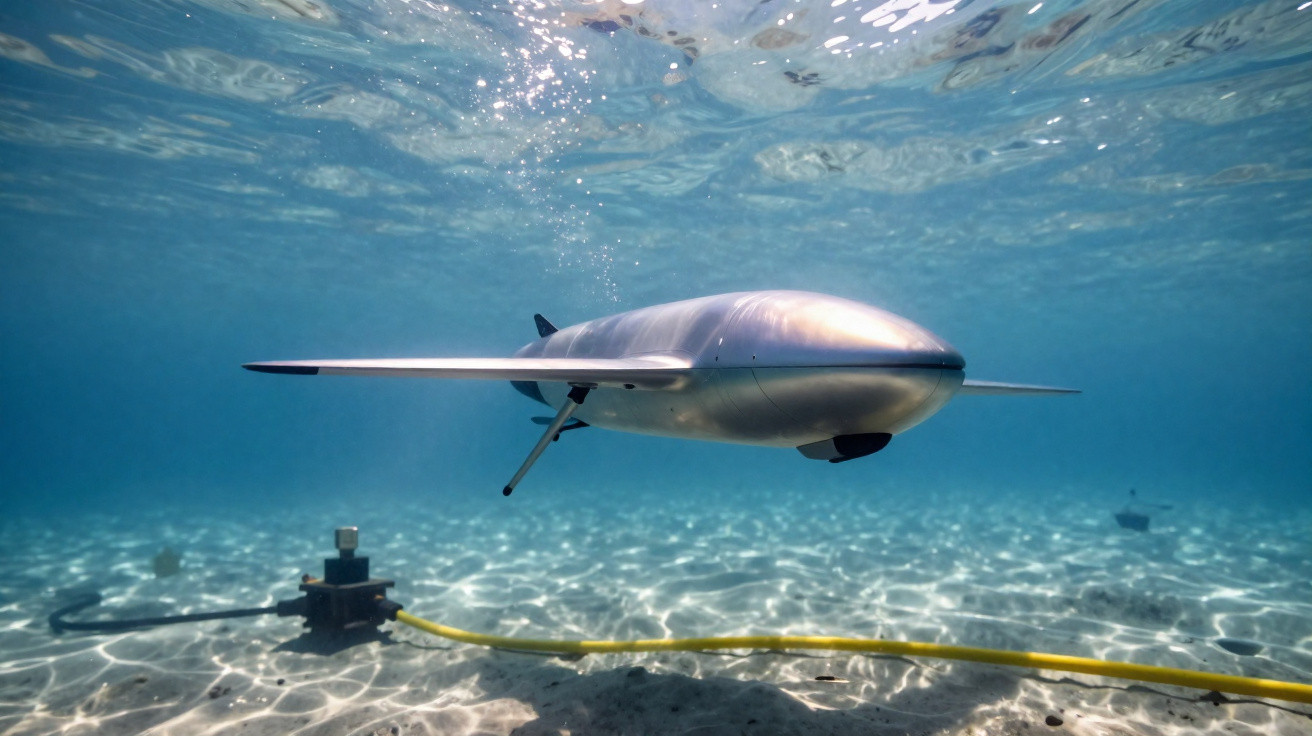 Veículo subaquático autónomo metálico a flutuar sobre o fundo do mar com areia e cabos eléctricos.