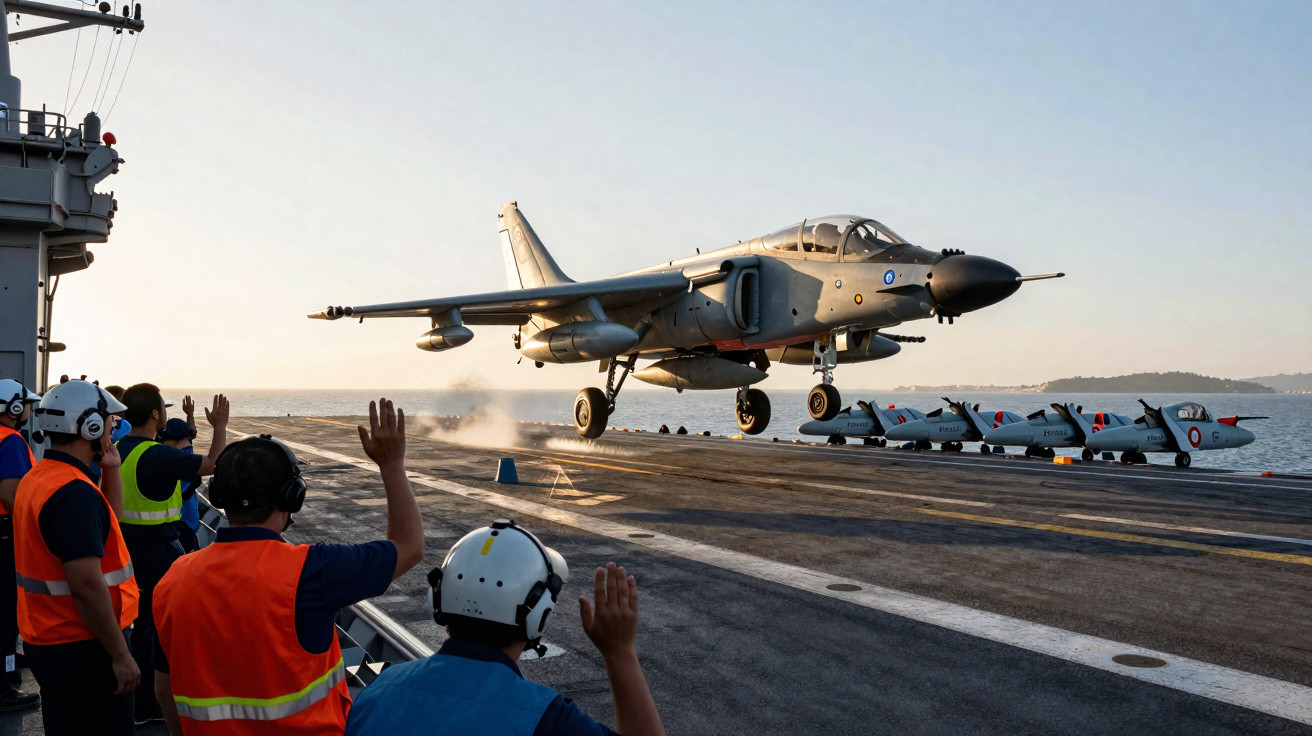 Avião militar a descolar de porta-aviões com tripulação a observar e acenar ao fundo.