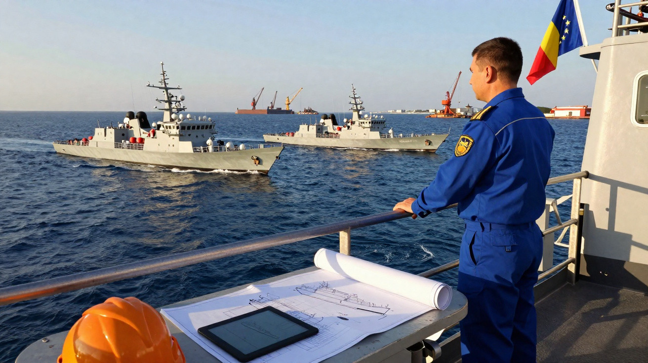 Homem em farda azul observa dois navios militares no mar, com capacete laranja e planta de navio numa mesa.