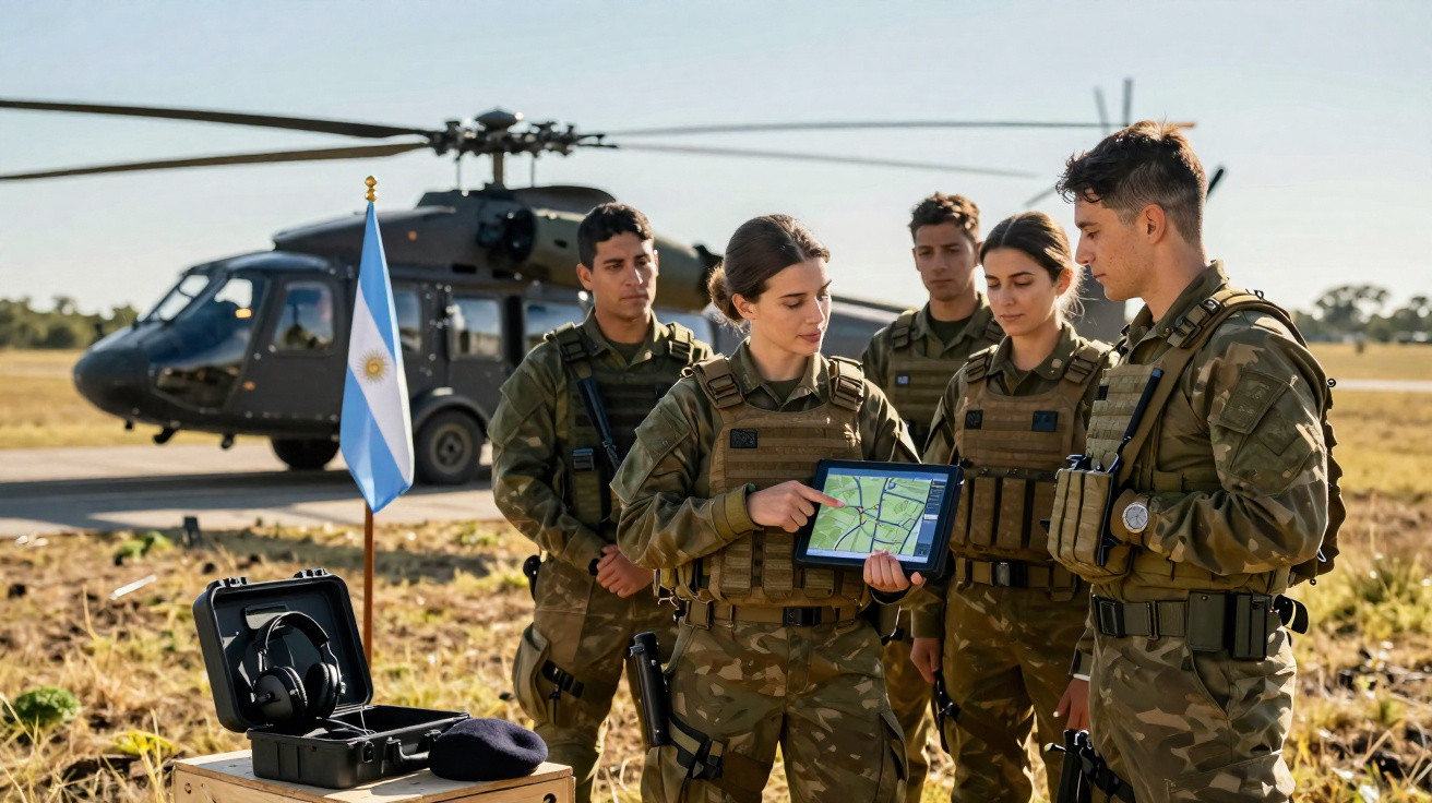 Grupo de militares em uniforme camuflado a planear ação com tablet, helicóptero e bandeira da Argentina ao fundo.