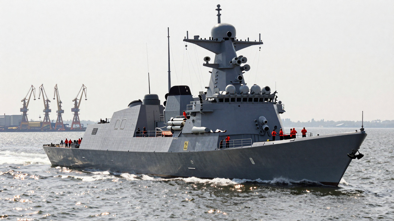 Fragata militar cinzenta em movimento no mar com marinheiros a bordo e guindastes industriais ao fundo.