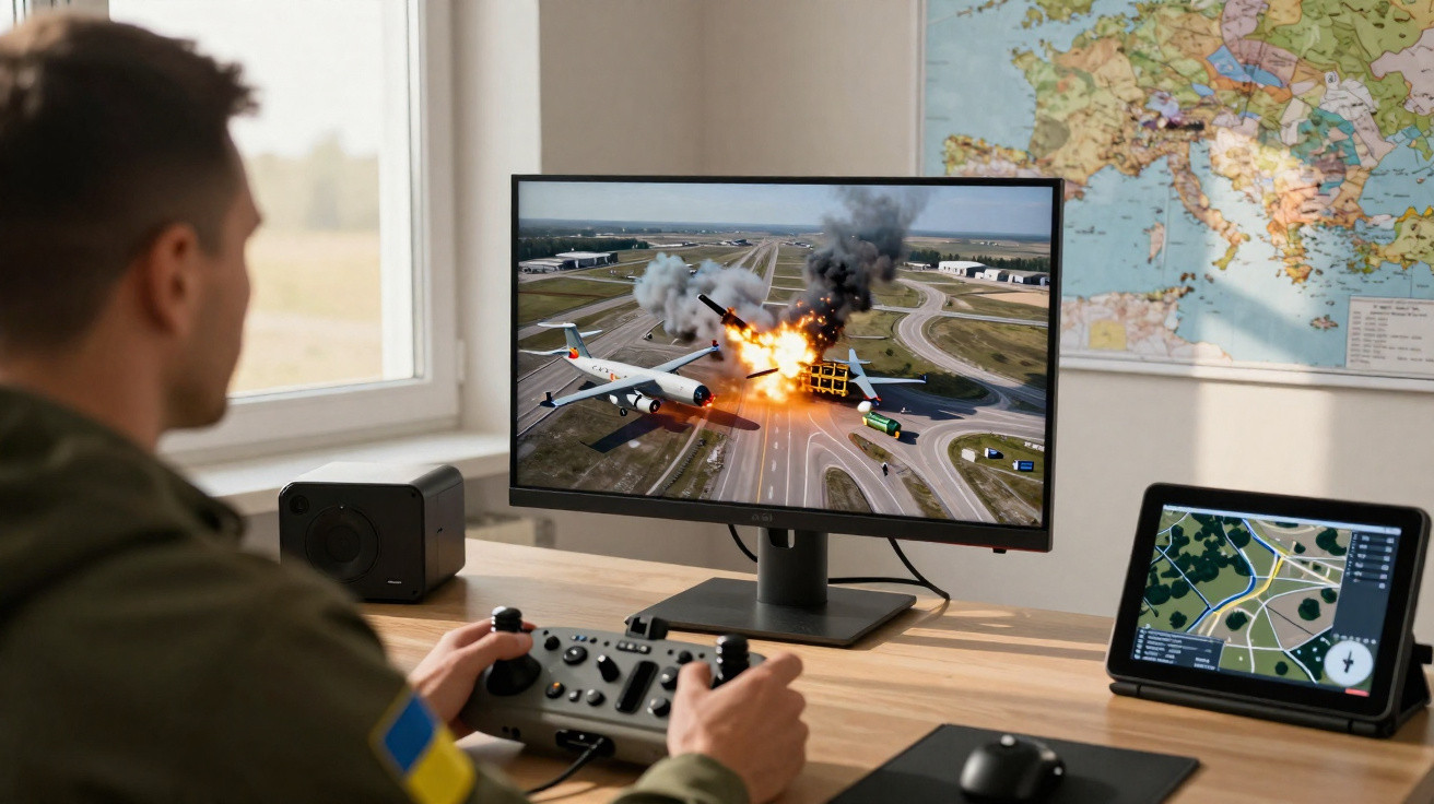 Homem com uniforme militar controla simulação de explosão de avião num ecrã, com mapa e joystick na mesa.