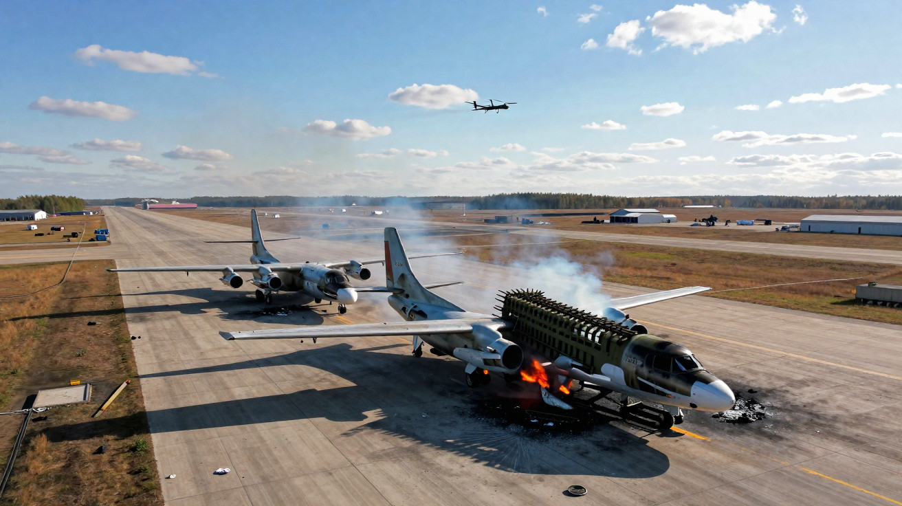 Aviões militares em pista, um deles em chamas com fumo e fogo visíveis, e outro a sobrevoar ao fundo.