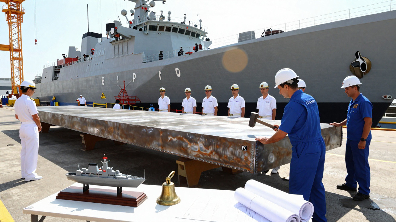 Militares e trabalhadores em capacetes brancos e azuis num estaleiro naval ao lado de um grande navio de guerra cinzento.