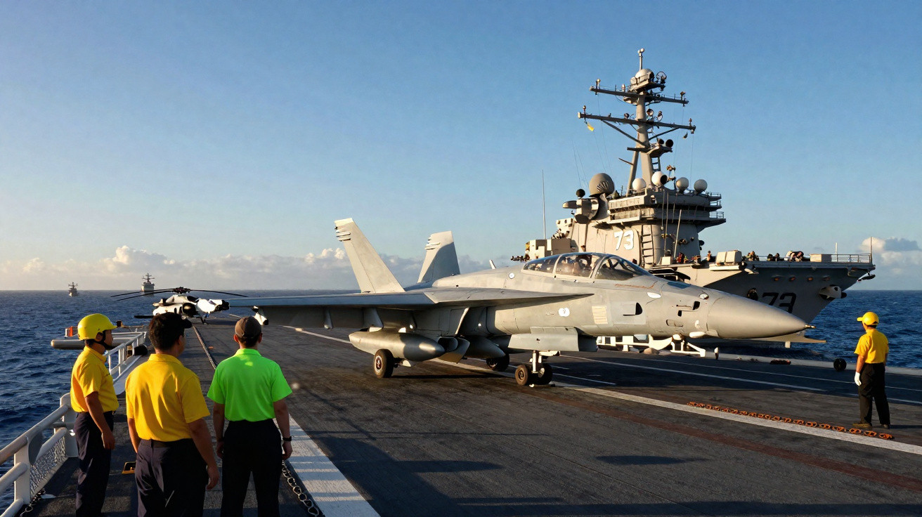 Caça militar FN F/A-18 Hornet a bordo de porta-aviões com tripulação em uniforme amarelo e verde.