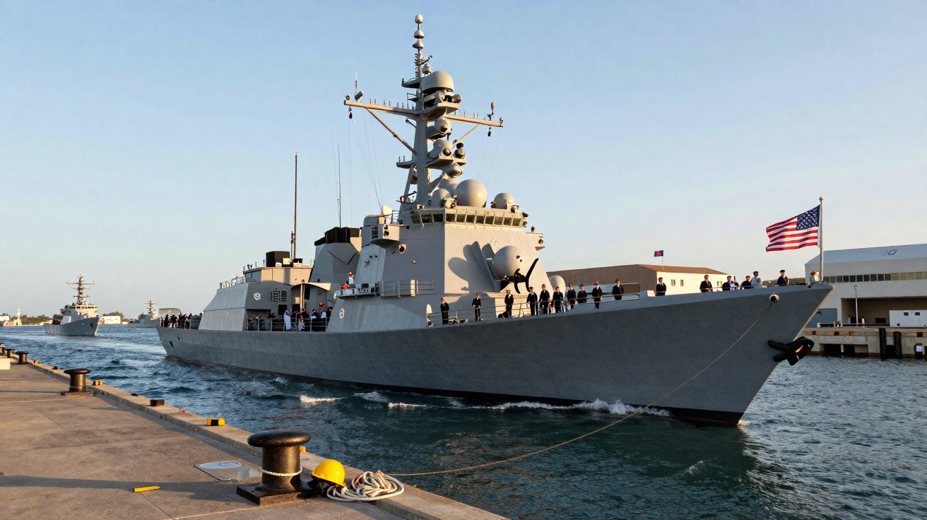 Navio militar cinzento com bandeira dos Estados Unidos atracado num cais ao entardecer.