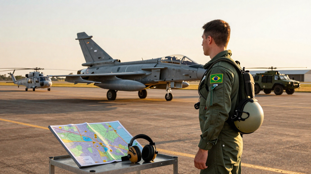 Militar brasileiro a observar caça militar numa pista com mapa e auscultadores numa mesa ao lado.