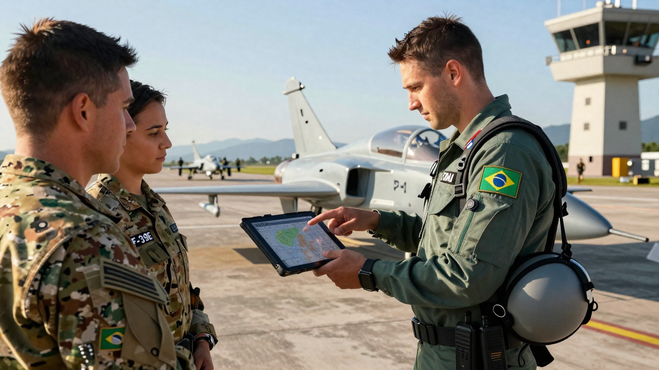 Militares brasileiros em uniforme com avião de caça e torre de controlo ao fundo, consultando tablet no aeroporto.