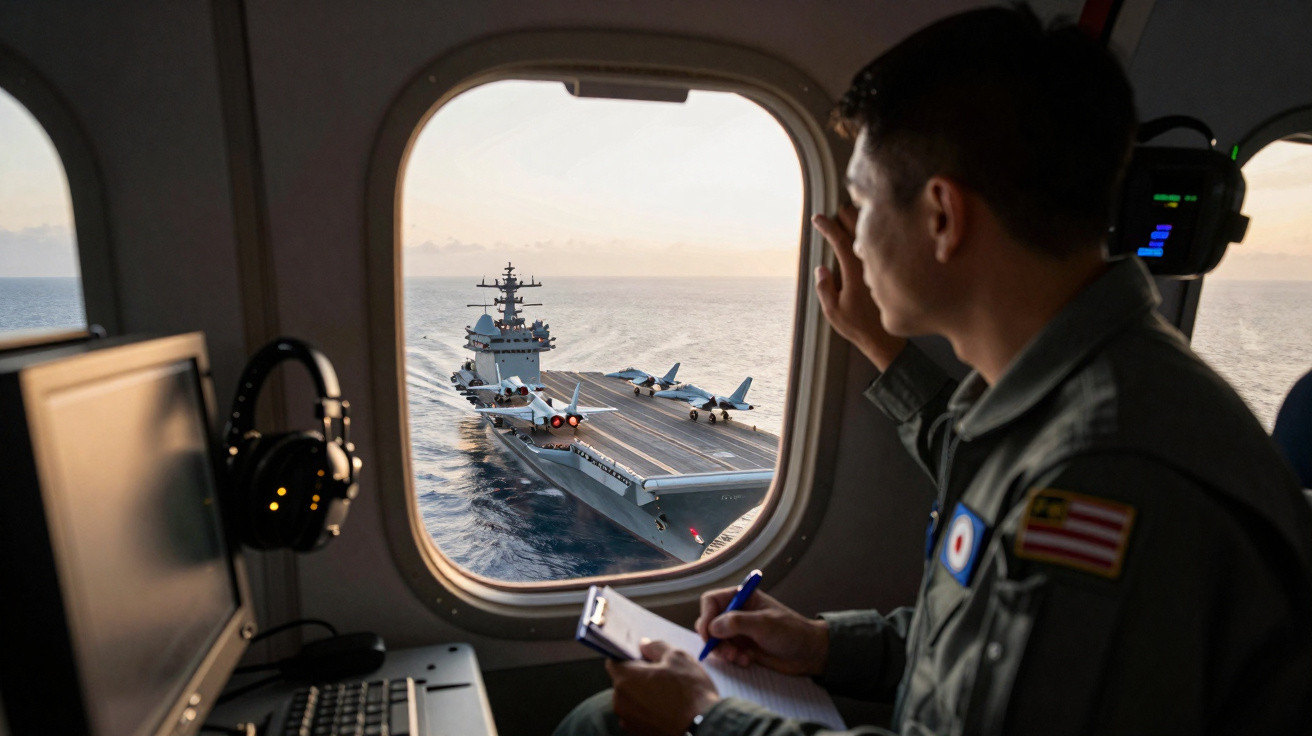 Homem em uniforme observa e anota vista de porta-aviões com aviões na pista, visto através da janela de um avião.