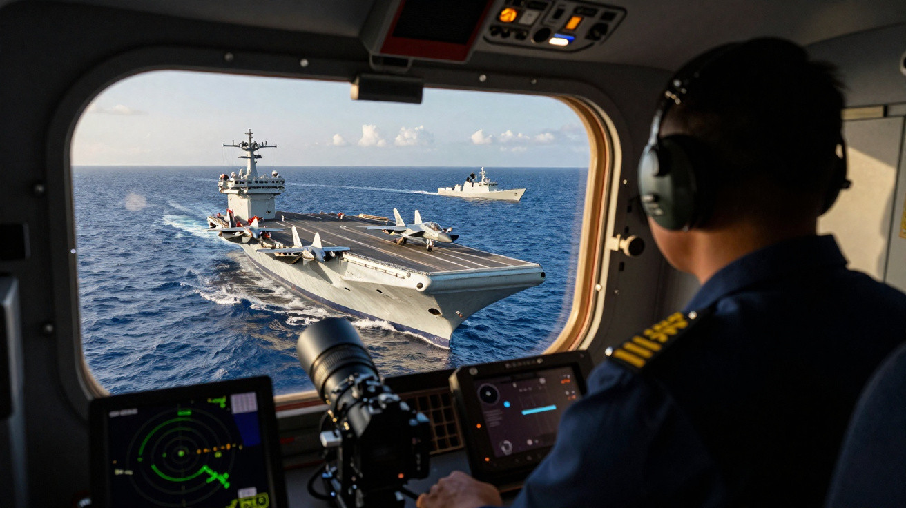 Homem com auscultadores a observar um porta-aviões e um navio militar no mar através de uma janela.