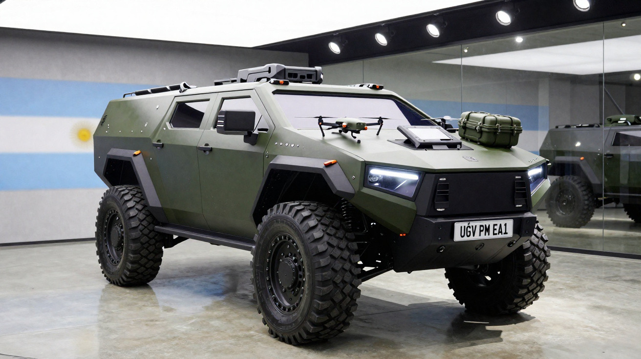 Veículo militar blindado de cor verde com drone e caixa preta no capô, numa garagem com espelho e bandeira da Argentina.