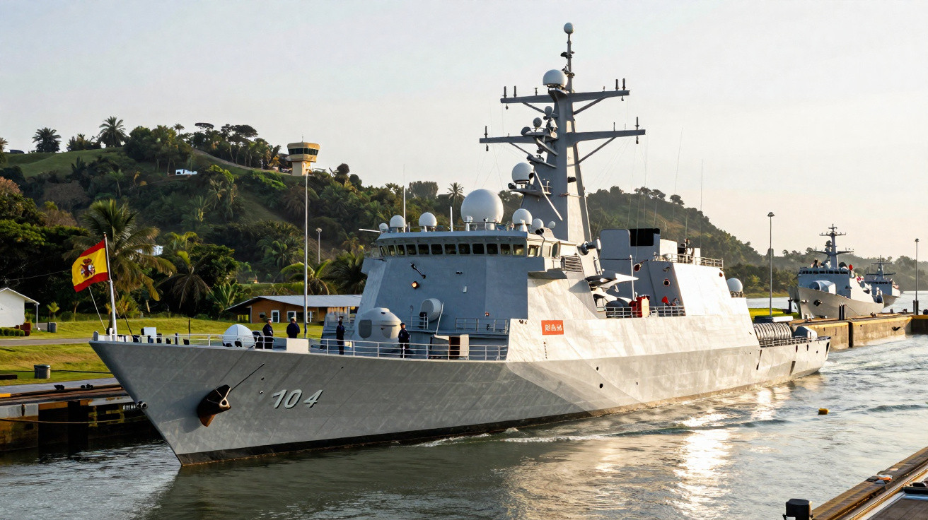 Navio militar cinzento com bandeira de Espanha atracado num canal com vegetação ao fundo.