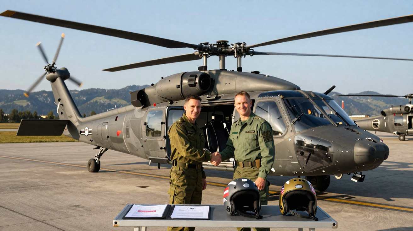 Dois pilotos militares apertam as mãos junto a helicóptero cinzento estacionado no aeroporto.