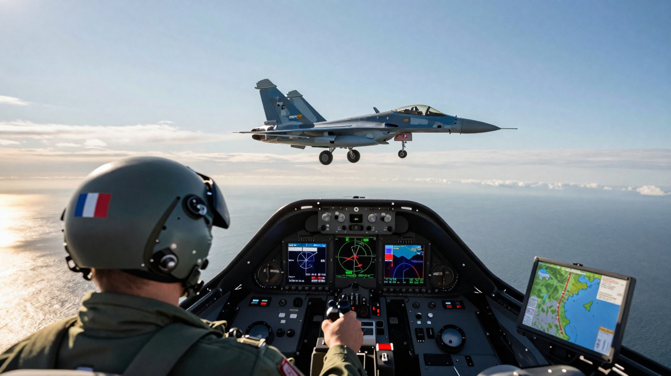 Piloto francês em cockpit de caça durante voo, com outro caça a sobrevoar o oceano ao fundo.