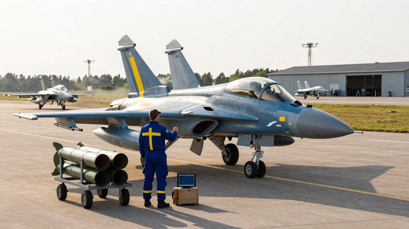 Aviões militares na pista de um aeroporto com um técnico em fato azul a preparar armamento.