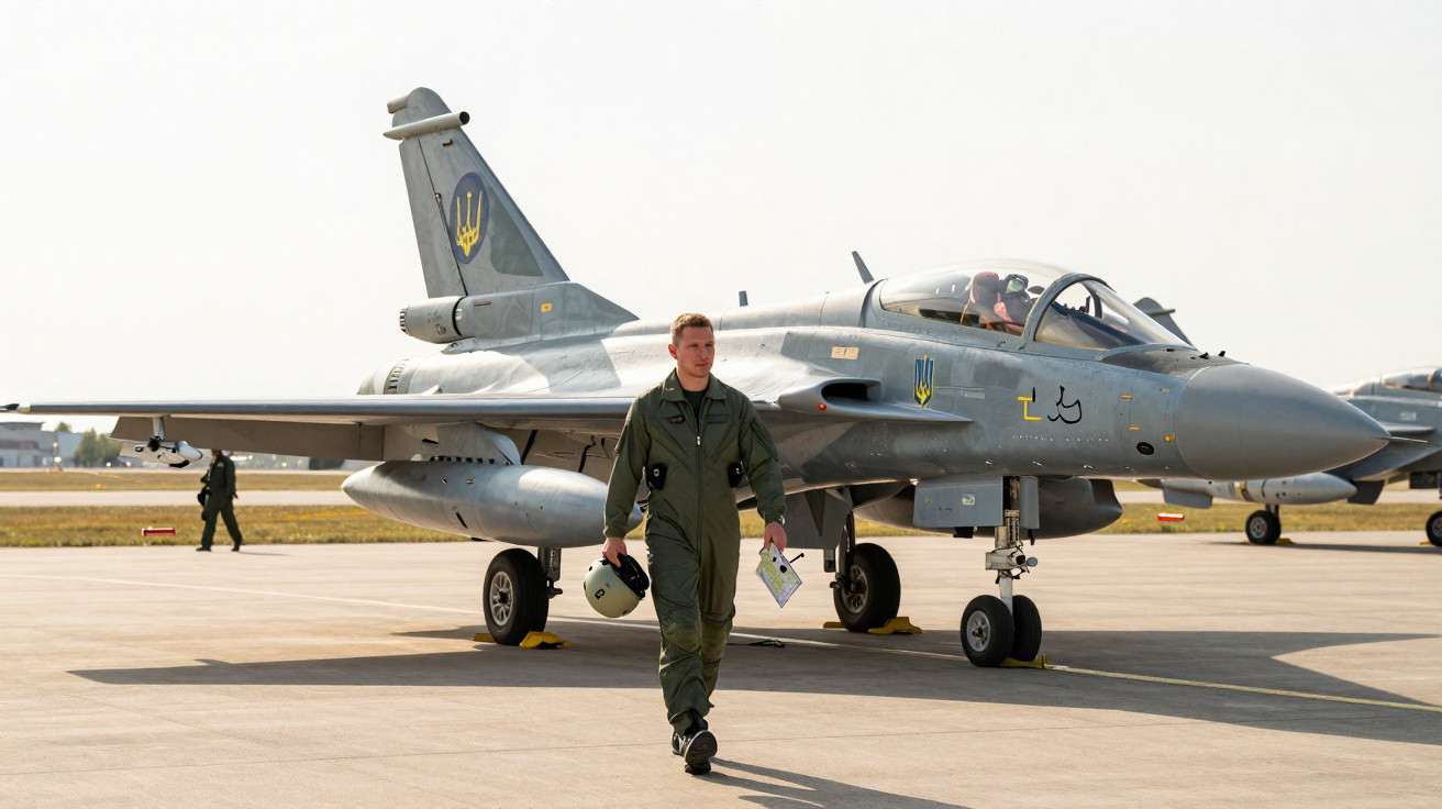 Piloto militar em fato verde caminha perto de caça cinzento estacionado em pista de aeroporto.