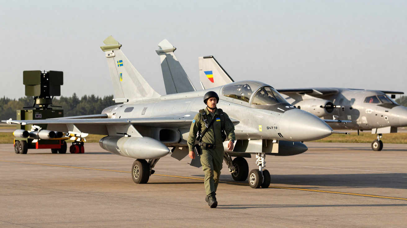 Piloto militar a caminhar em pista ao lado de avião de caça sueco com bandeira da Ucrânia no uniforme.