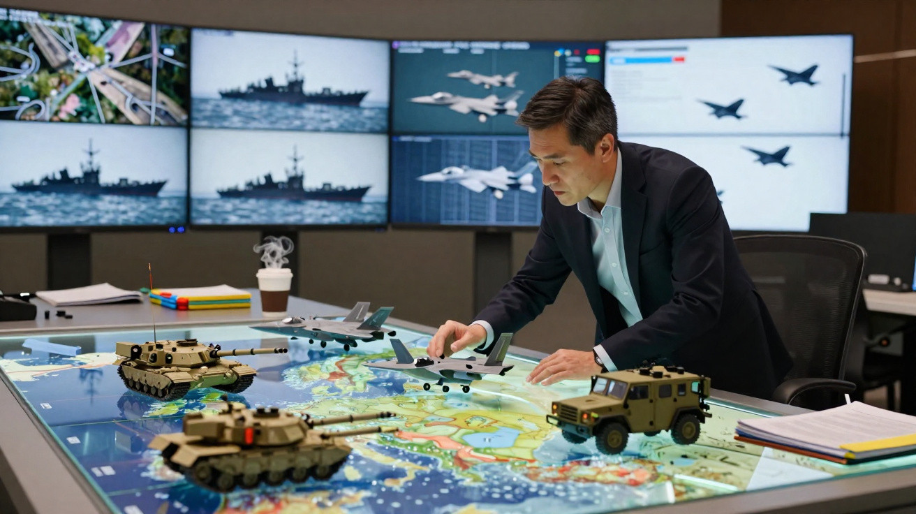 Homem em sala de controlo militar manipula miniaturas de tanques, aviões e veículos sobre mapa iluminado.