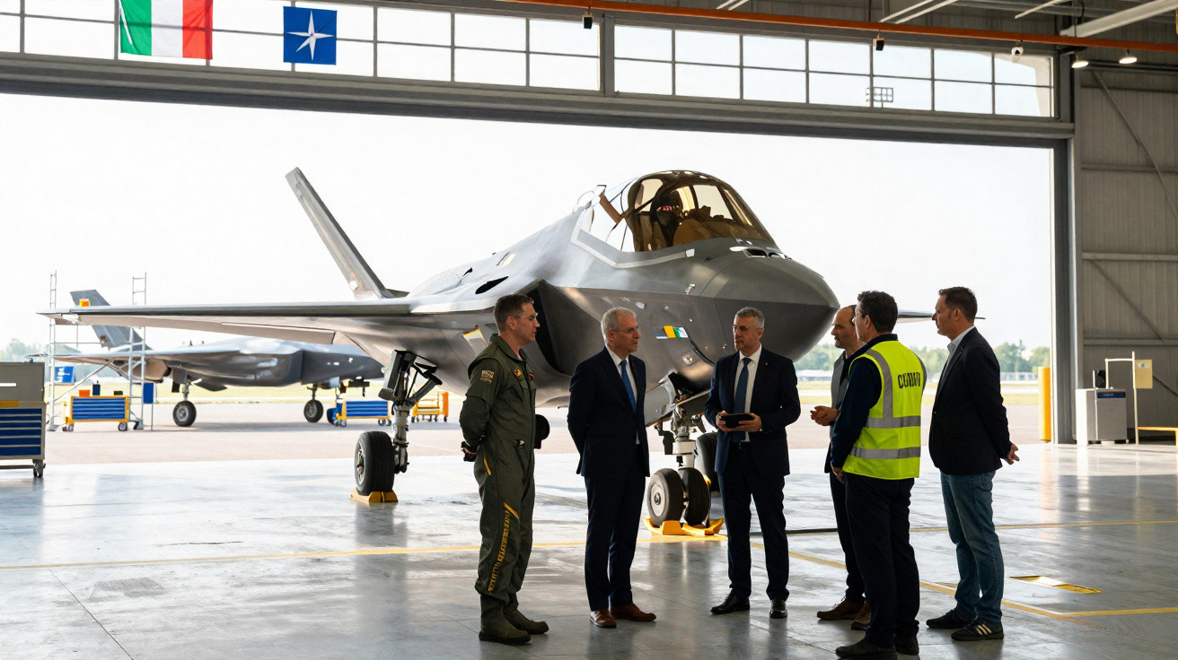 Homens em traje formal e militar conversam junto a um caça F-35 numa grande hangar aberta.