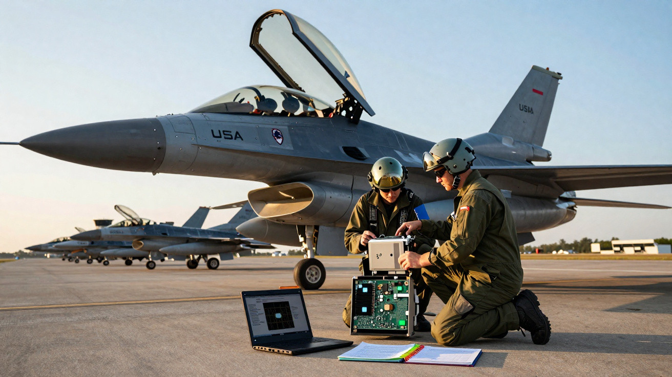 Dois aviadores militares trabalham em equipamento técnico junto a um caça F-16 na pista de um aeroporto ao entardecer.