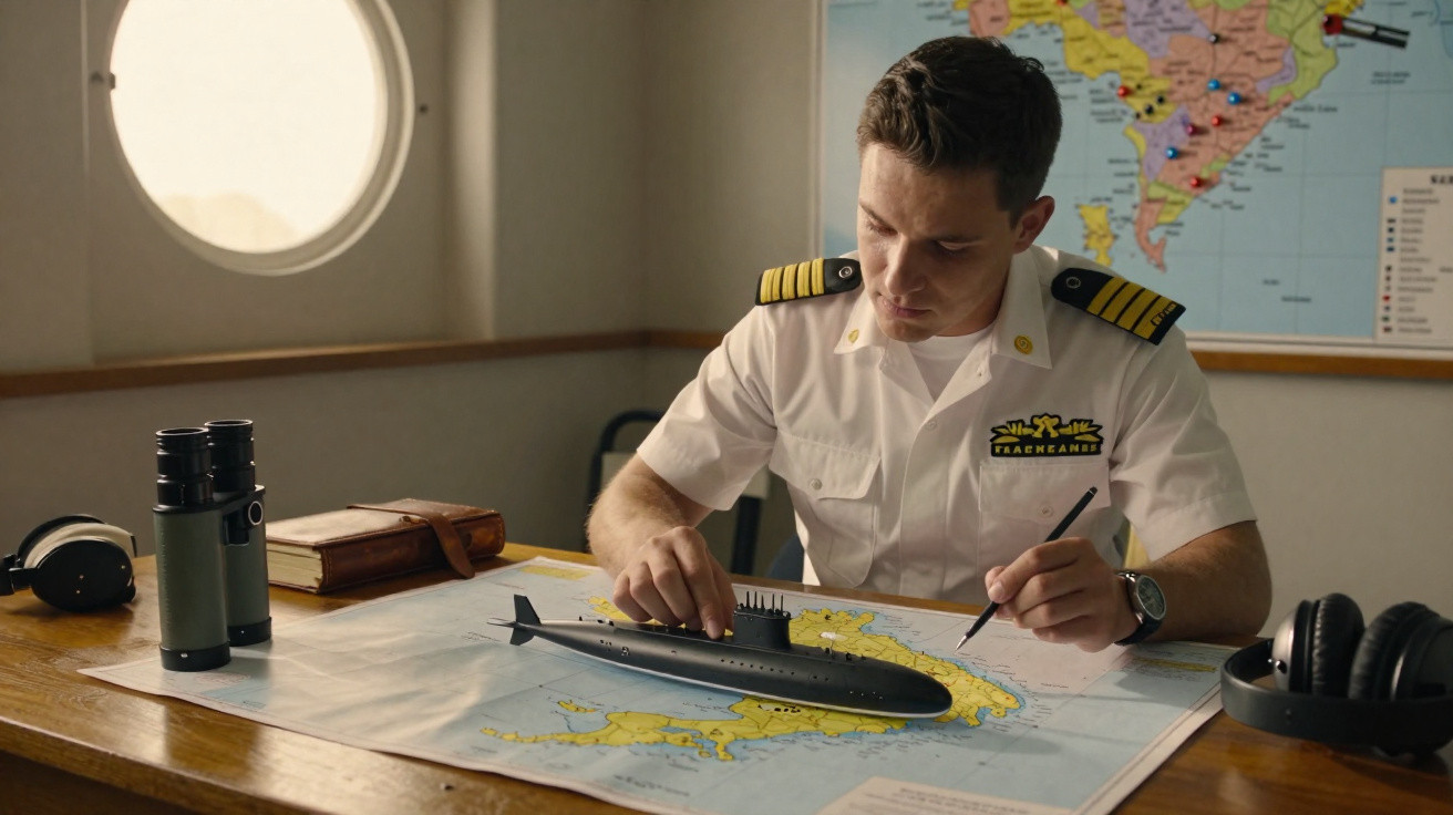 Homem em uniforme naval a estudar mapa com modelo de submarino e binóculos numa mesa de madeira.