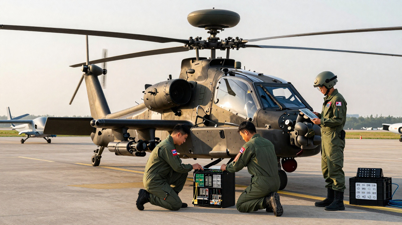 Três militares trabalham no exterior junto a um helicóptero militar estacionado numa pista de aeroporto.
