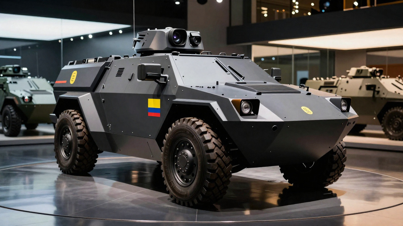 Veículo blindado militar cinzento com rodas grandes exposto em interior com espelhos.