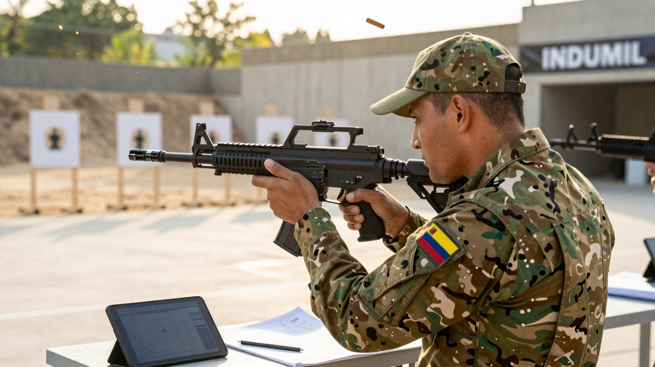 Militar em treino de tiro ao alvo ao ar livre, com farda camuflada e espingarda apontada para alvos.