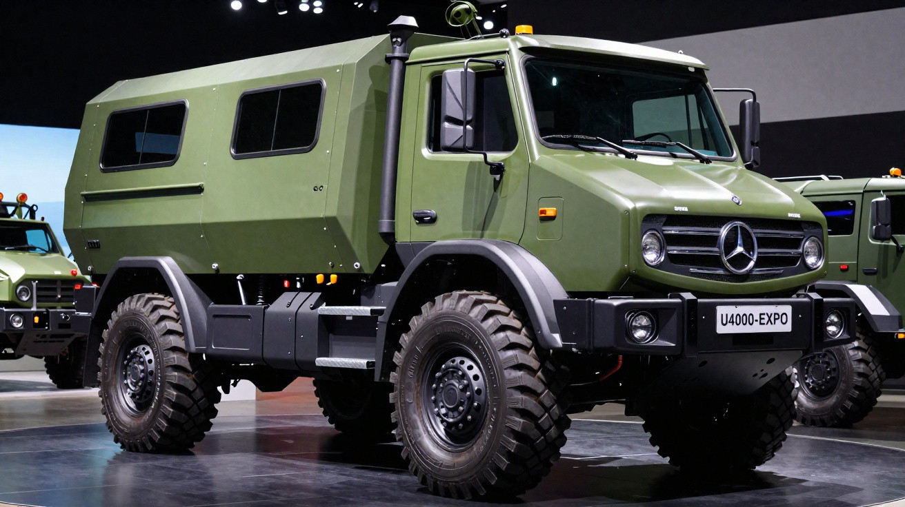 Veículo militar pesado Mercedes-Benz U4000-EXPO verde com grandes pneus todo-o-terreno em exposição.