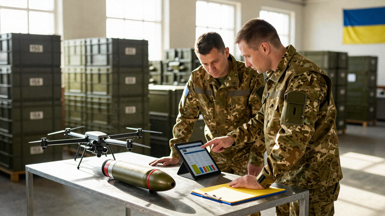 Dois soldados em uniformes militares analisam dados numa tablet junto a um drone e uma munição numa mesa metálica.