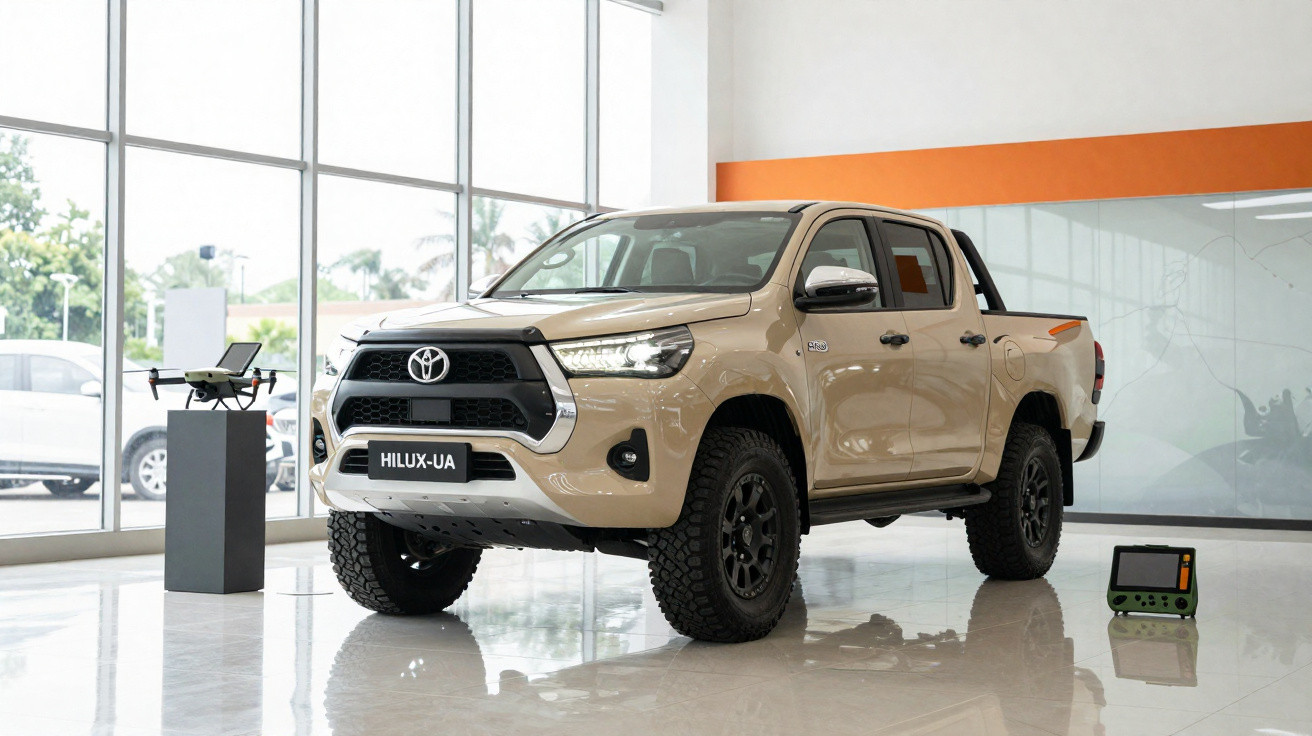 Camião Toyota Hilux bege estacionado dentro de concessionária com drone e monitor ao lado.