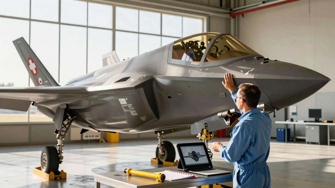 Homem de macacão azul examina e inspeciona cauda e fuselagem de avião militar num hangar iluminado.