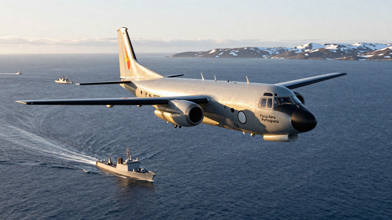 Avião militar da Força Aérea Portuguesa voando sobre o mar com navios militares ao fundo e ilha nevada distante.