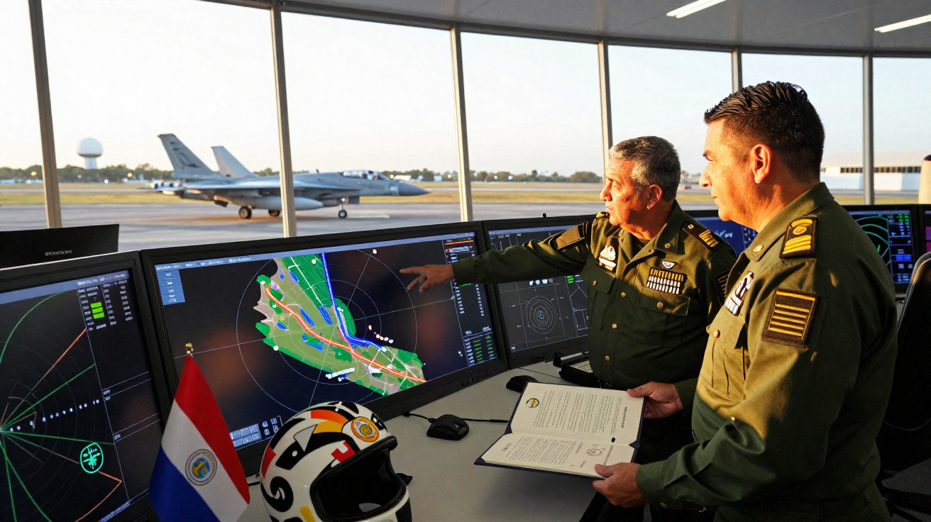 Dois militares em uniforme analisam radar e mapas em monitores numa torre de controlo com avião na pista ao fundo.