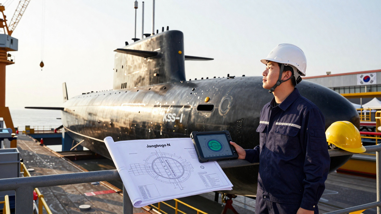 Homem com capacete de segurança observa submarino KSS-I enquanto segura planta e tablet num estaleiro naval.